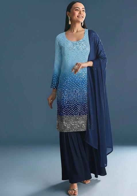 Ombre Blue Sequin Tissue Sharara Set