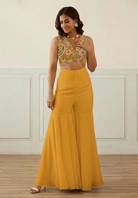 Mustard Yellow Embroidered Crepe Fusion Set