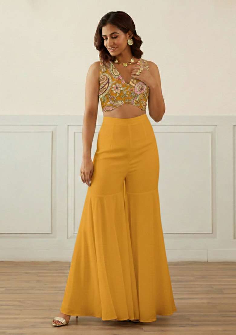 Mustard Yellow Embroidered Crepe Fusion Set - Indya