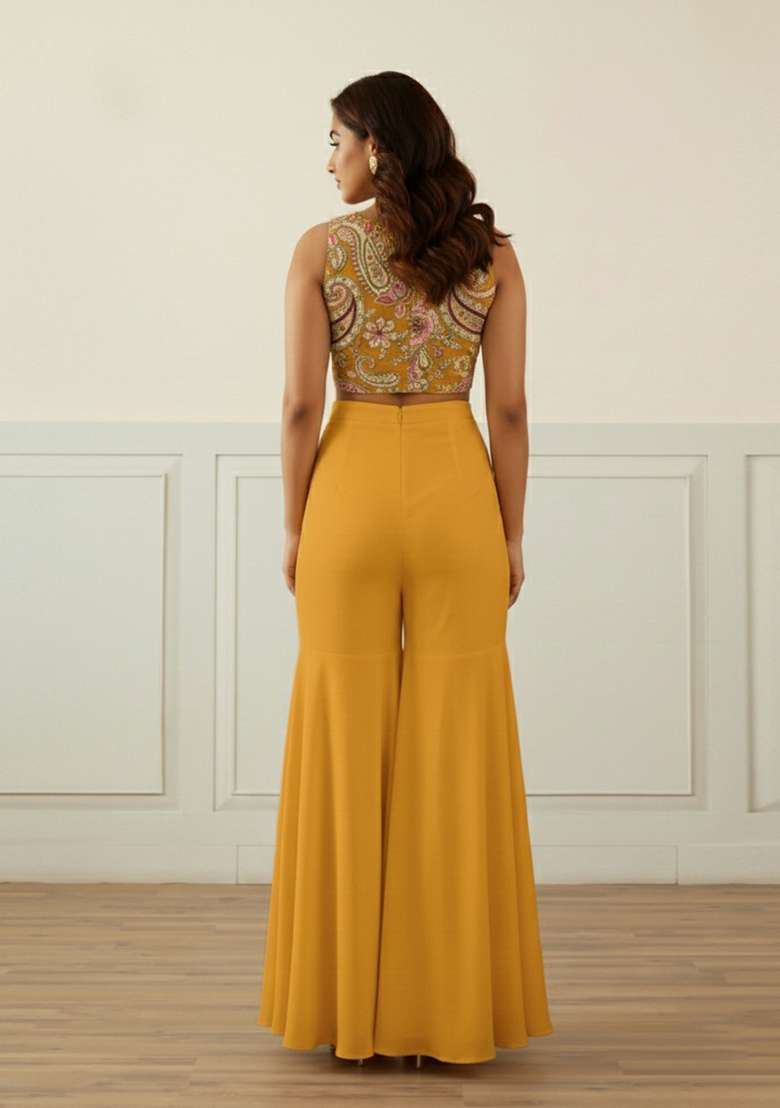 Mustard Yellow Embroidered Crepe Fusion Set - Indya