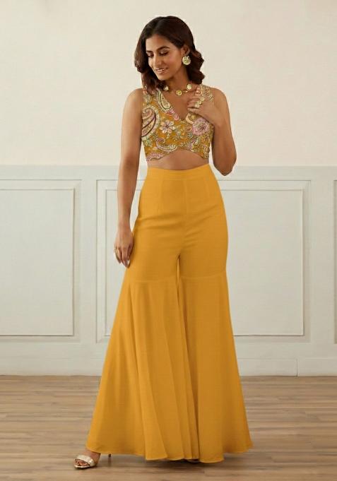 Mustard Yellow Embroidered Crepe Fusion Set