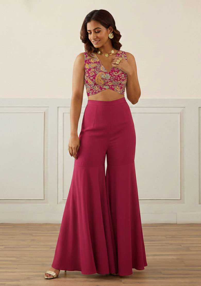 Hot Pink Embroidered Crepe Fusion Set - Indya