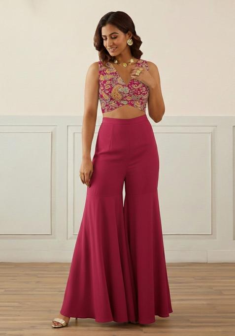 Hot Pink Embroidered Crepe Fusion Set