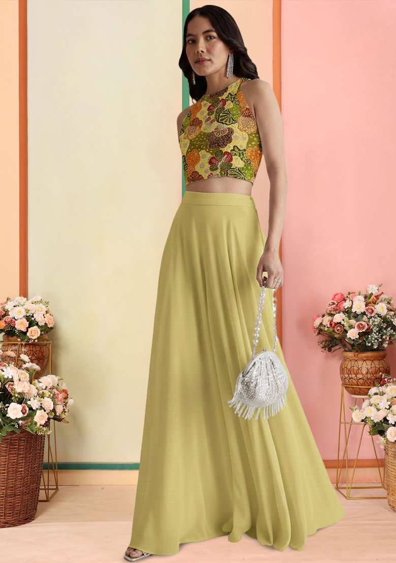 Pastel Yellow Embroidered Crepe Lehenga Set - Indya