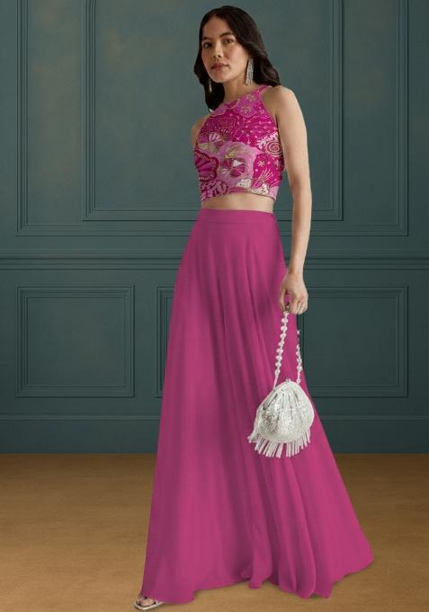 Hot Pink Embroidered Crepe Lehenga Set
