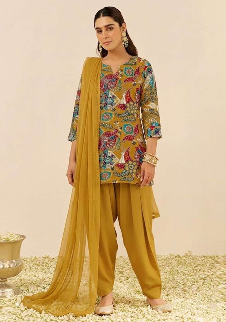 Mustard Yellow Embroidered Crepe Kurta Set - Indya