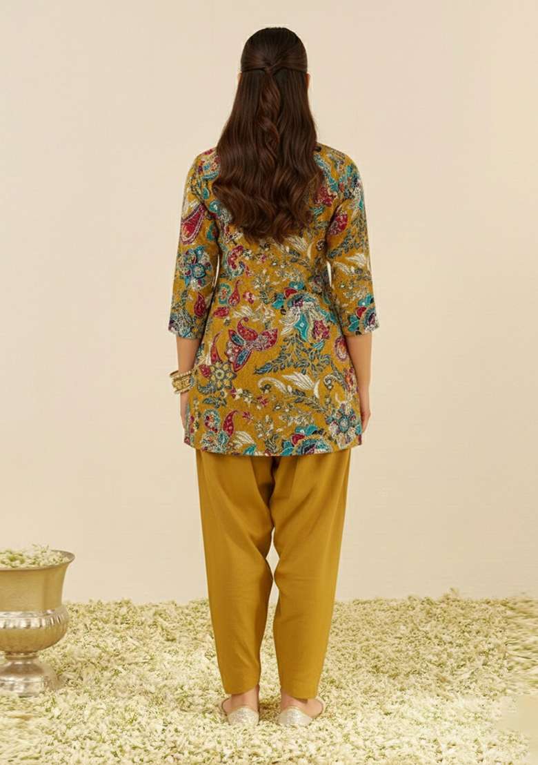 Mustard Yellow Embroidered Crepe Kurta Set - Indya