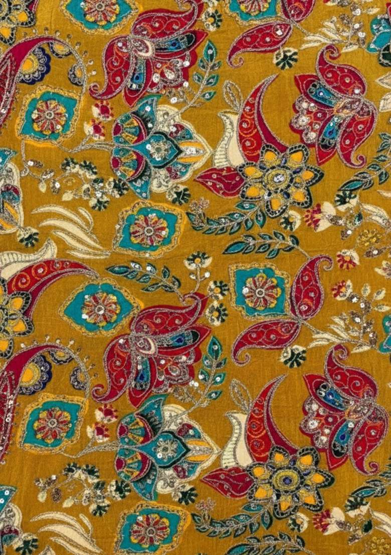 Mustard Yellow Embroidered Crepe Kurta Set - Indya