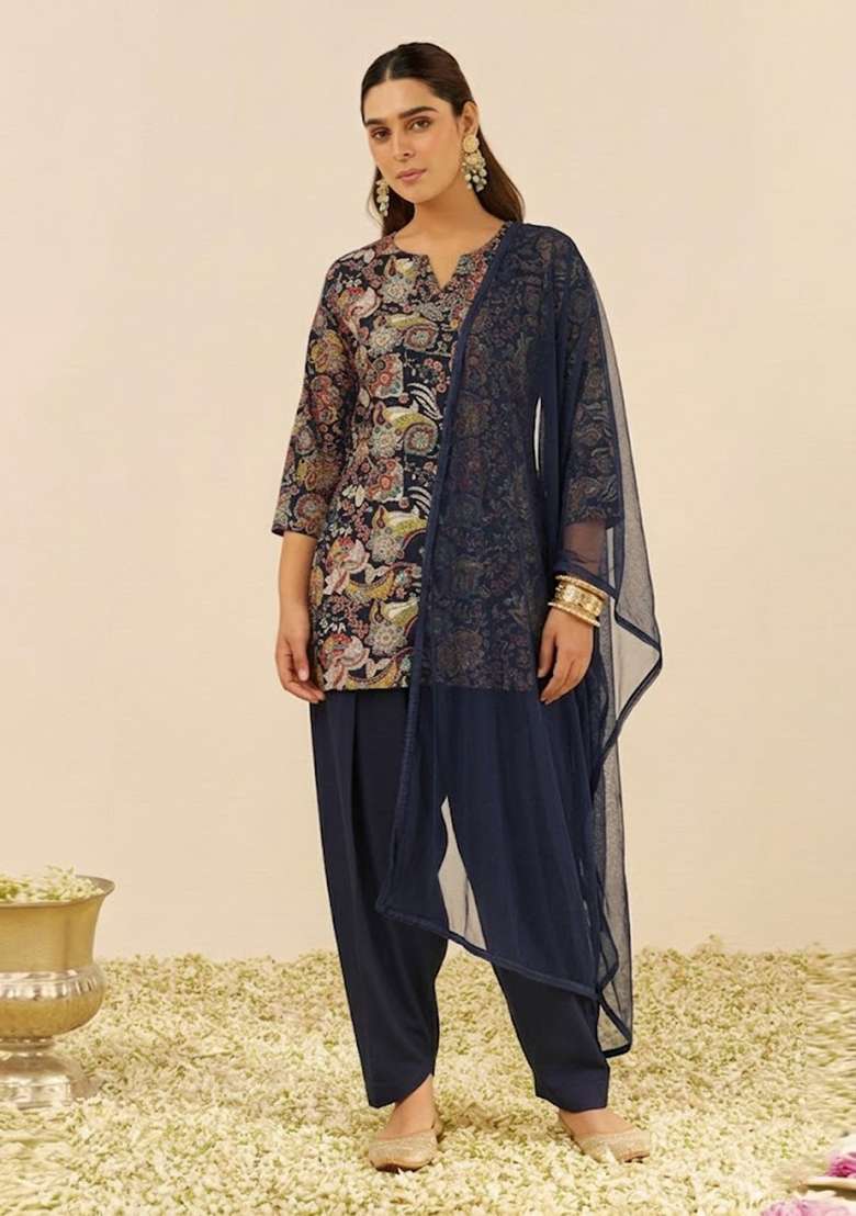 Midnight Blue Embroidered Crepe Kurta Set - Indya