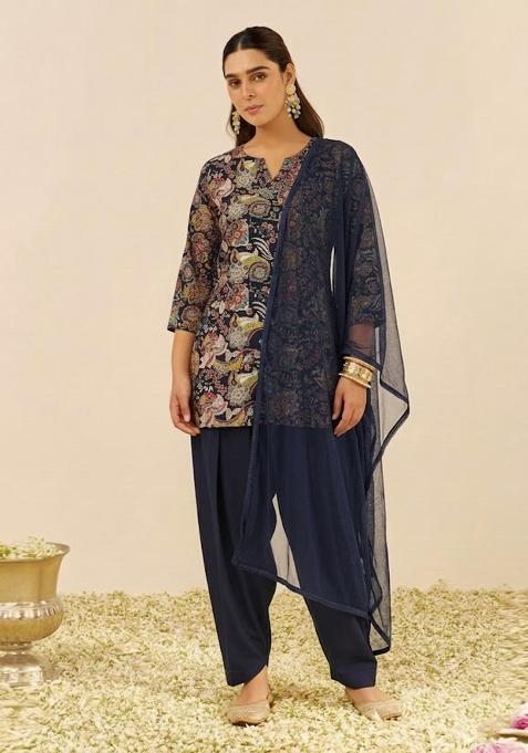 Midnight Blue Embroidered Crepe Kurta Set