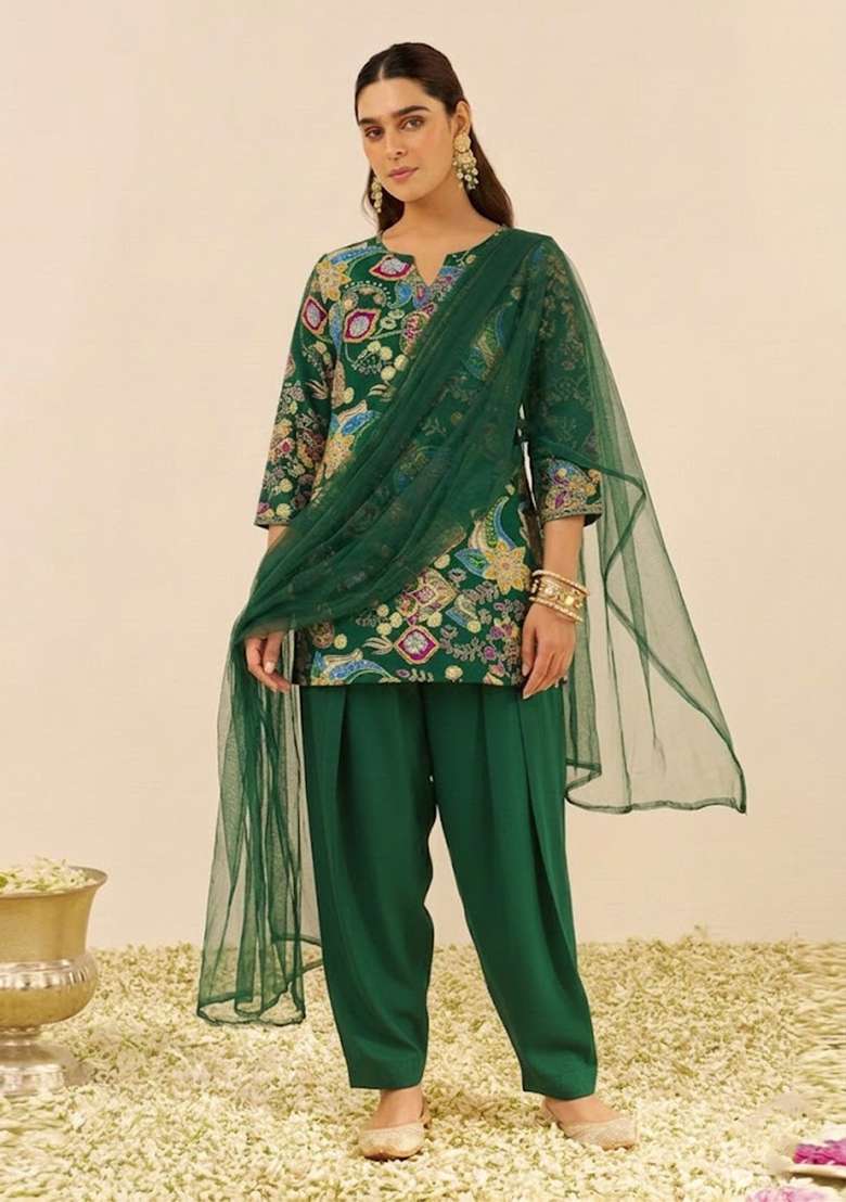 Bottle Green Embroidered Crepe Kurta Set - Indya