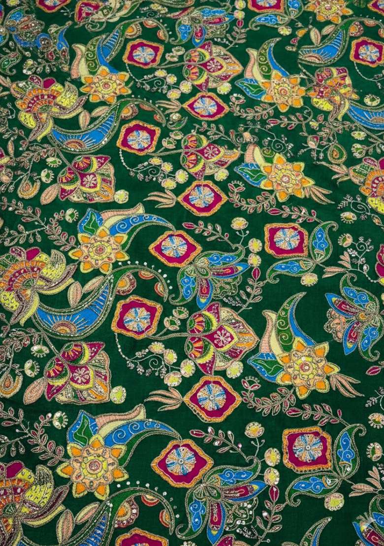 Bottle Green Embroidered Crepe Kurta Set - Indya