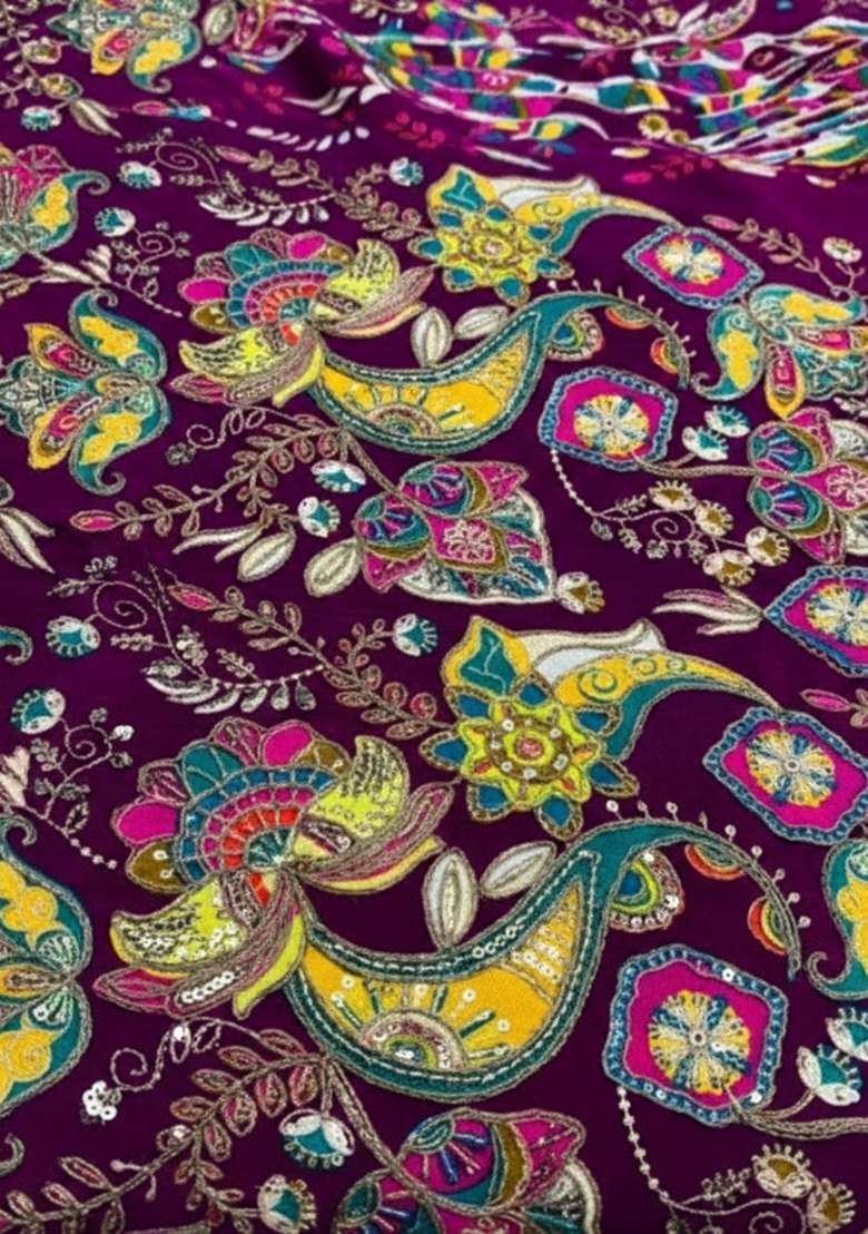 Purple Embroidered Crepe Kurta Set - Indya