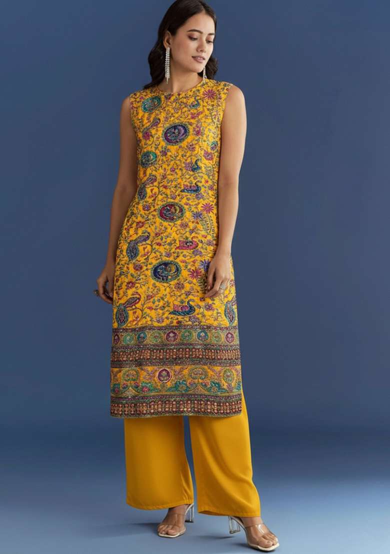 Mustard Yellow Embroidered Crepe Kurta Set - Indya