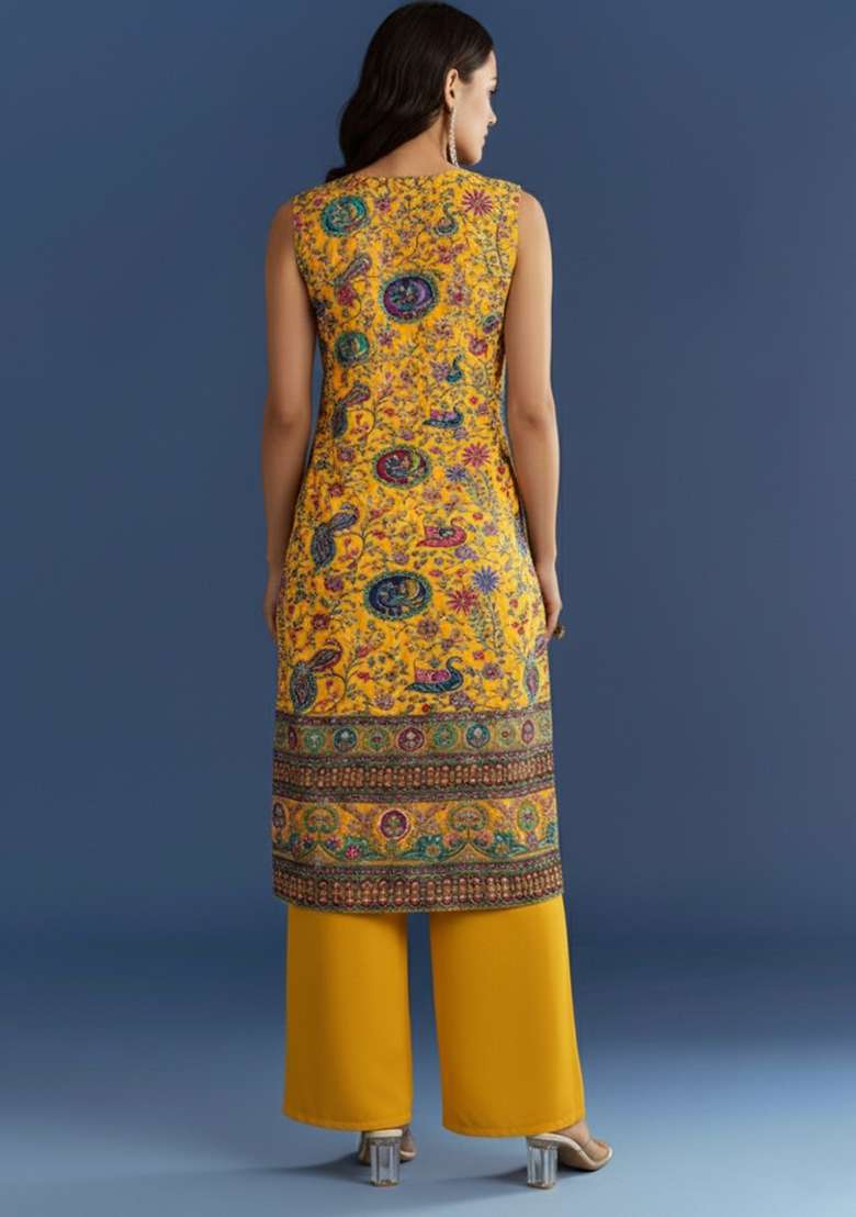 Mustard Yellow Embroidered Crepe Kurta Set - Indya