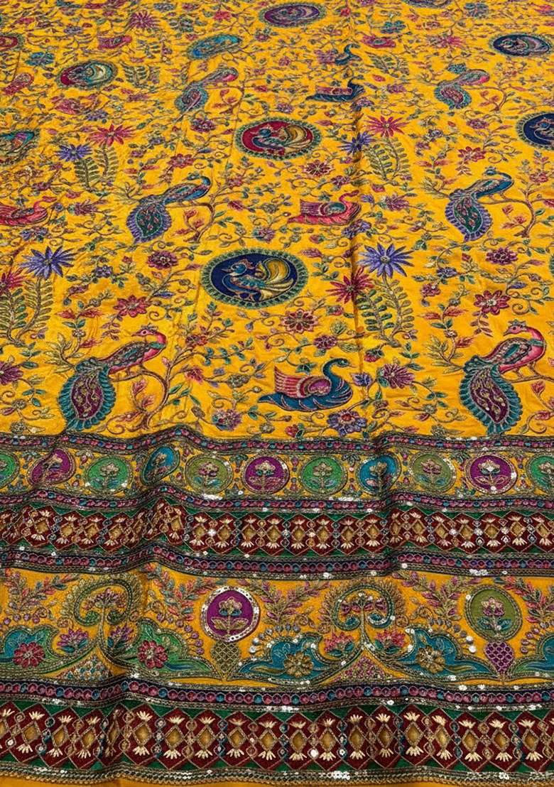 Mustard Yellow Embroidered Crepe Kurta Set - Indya