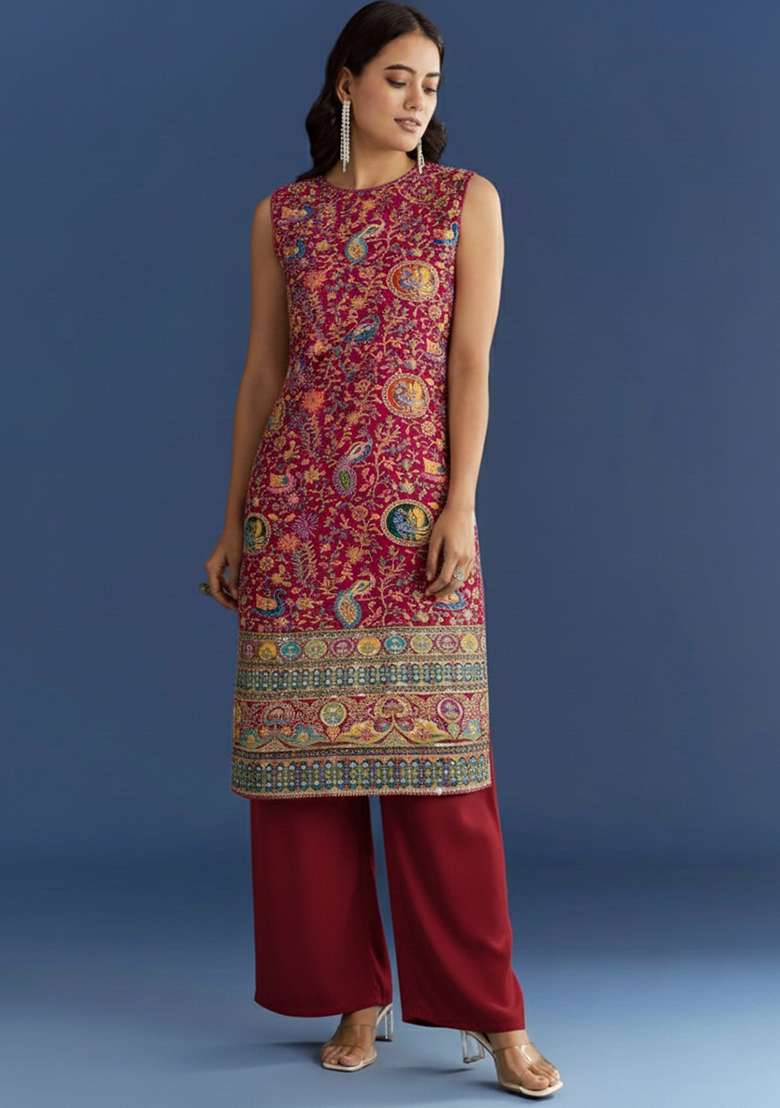 Pink Embroidered Crepe Kurta Set - Indya