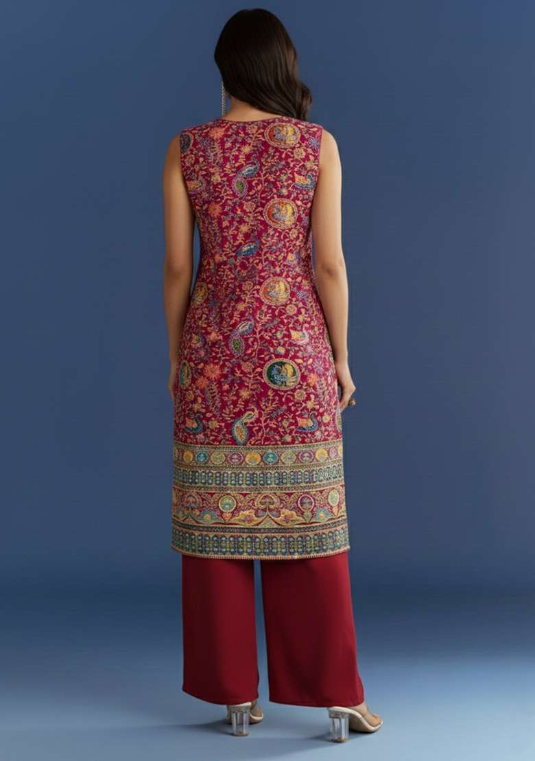 Pink Embroidered Crepe Kurta Set - Indya