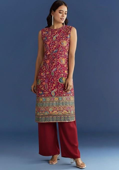 Pink Embroidered Crepe Kurta Set