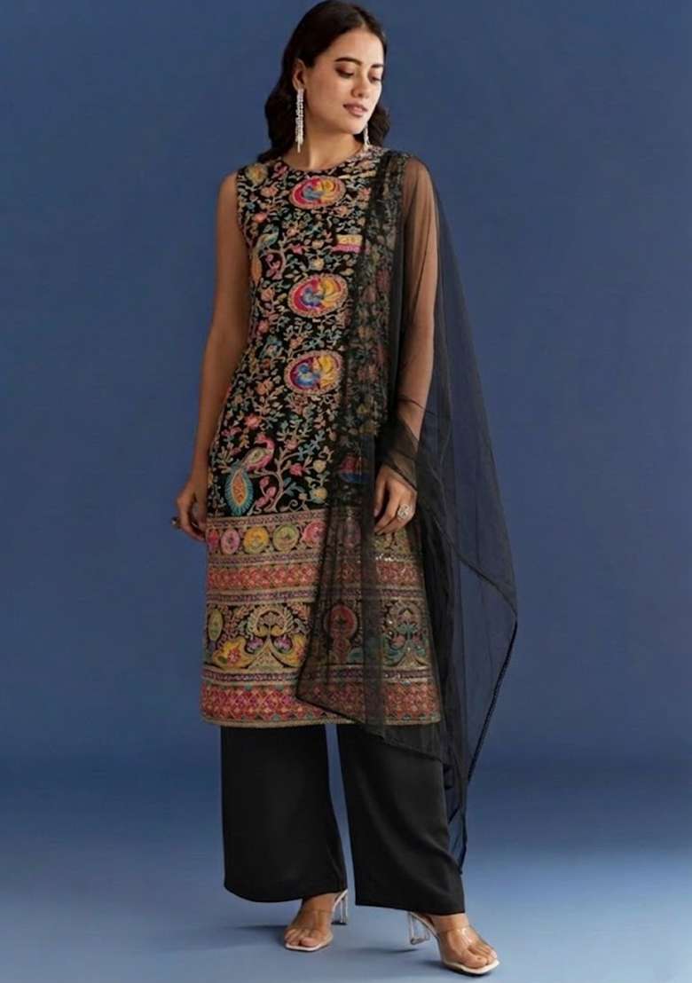Black Embroidered Crepe Kurta Set - Indya
