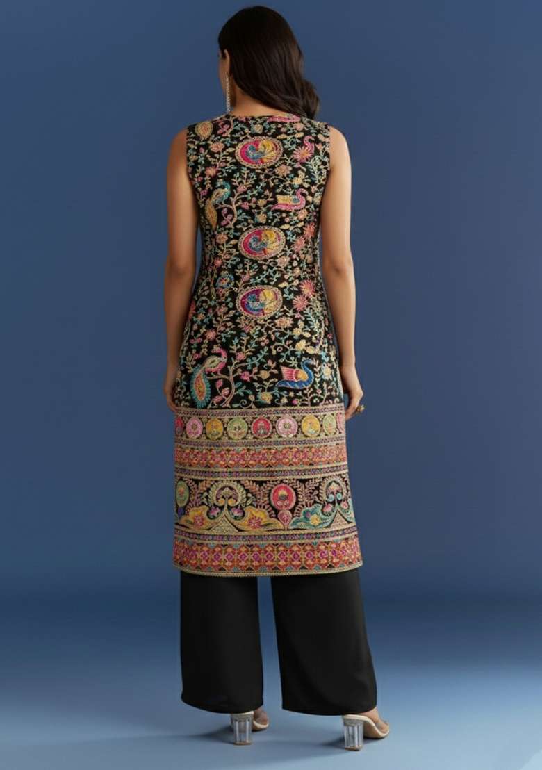 Black Embroidered Crepe Kurta Set - Indya