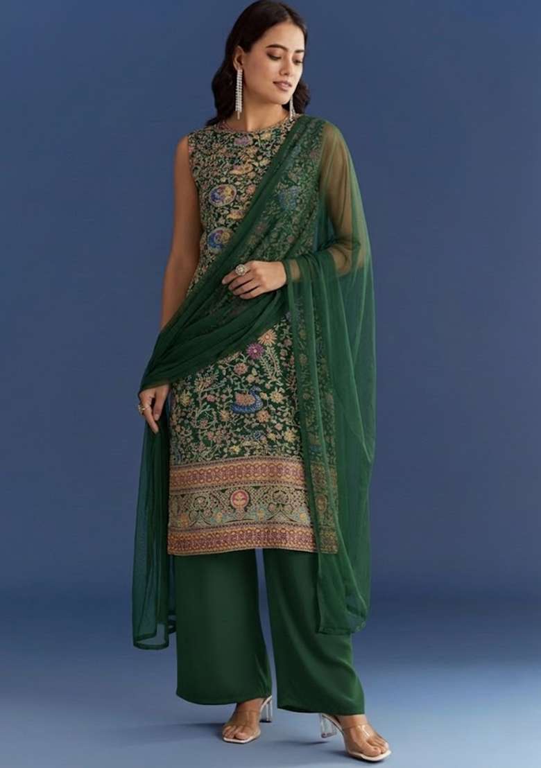 Bottle Green Embroidered Crepe Kurta Set - Indya