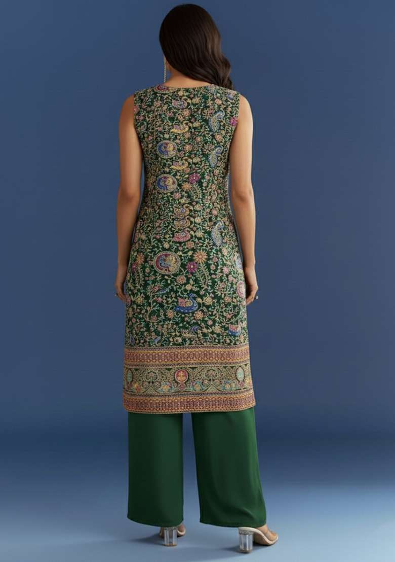 Bottle Green Embroidered Crepe Kurta Set - Indya