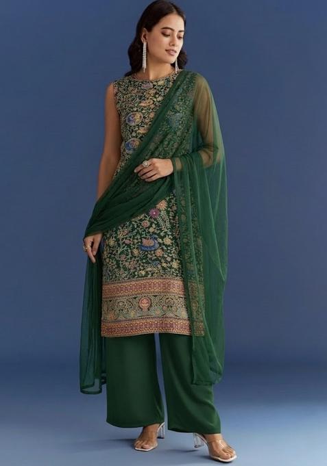 Bottle Green Embroidered Crepe Kurta Set