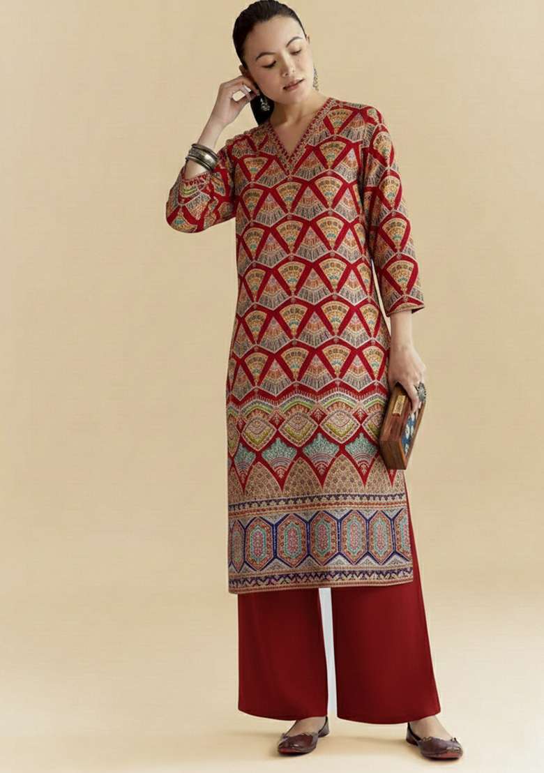 Maroon Printed Crepe Kurta Set - Indya