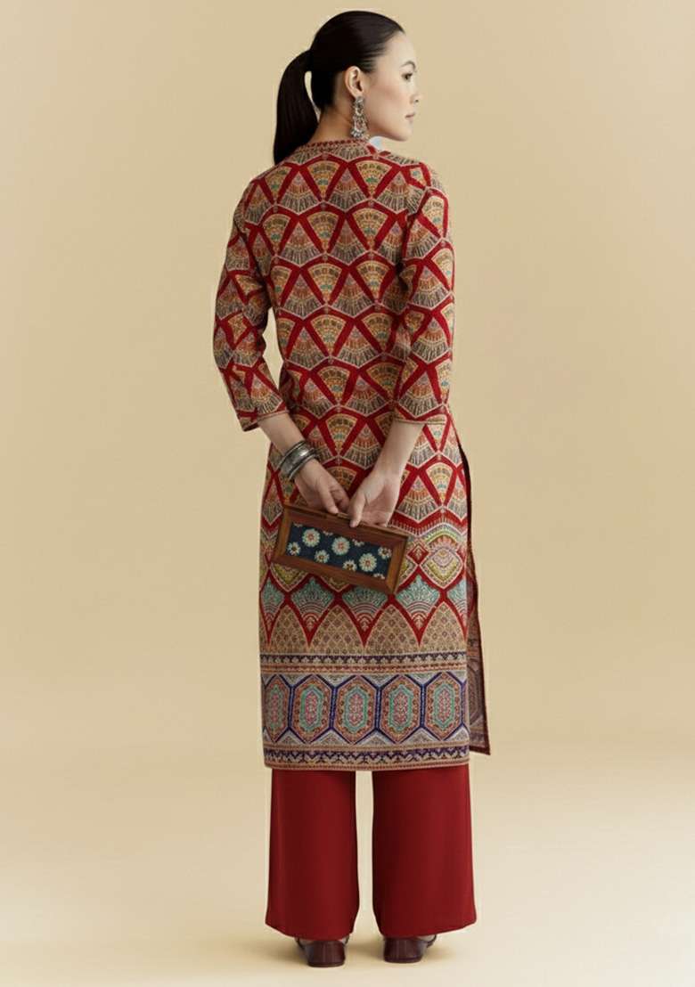 Maroon Printed Crepe Kurta Set - Indya