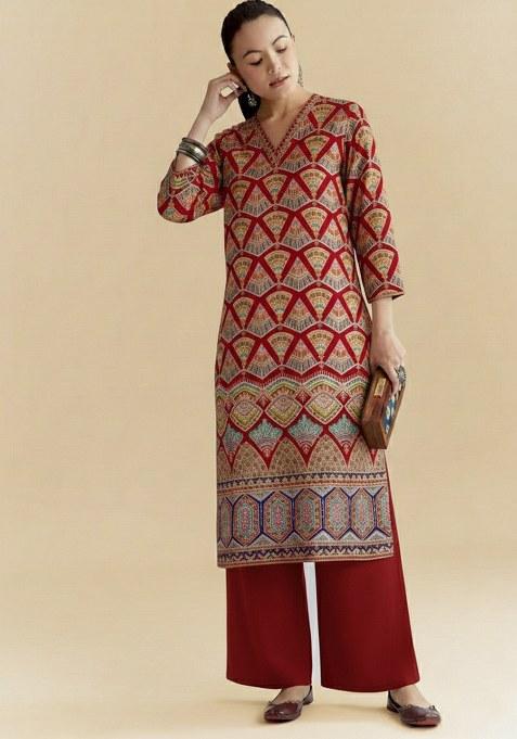 Maroon Printed Crepe Kurta Set
