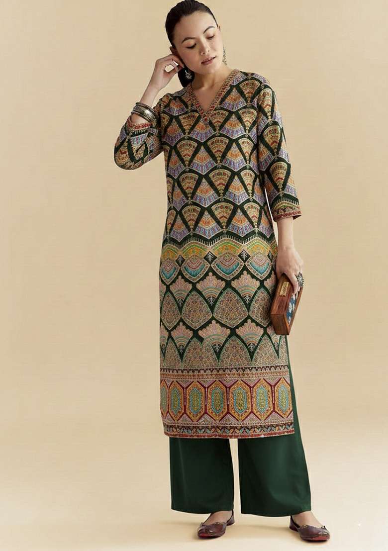 Bottle Green Printed Crepe Kurta Set - Indya
