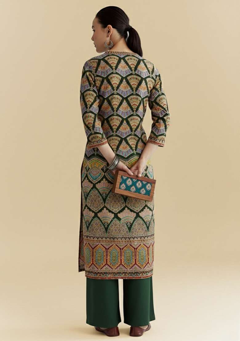 Bottle Green Printed Crepe Kurta Set - Indya