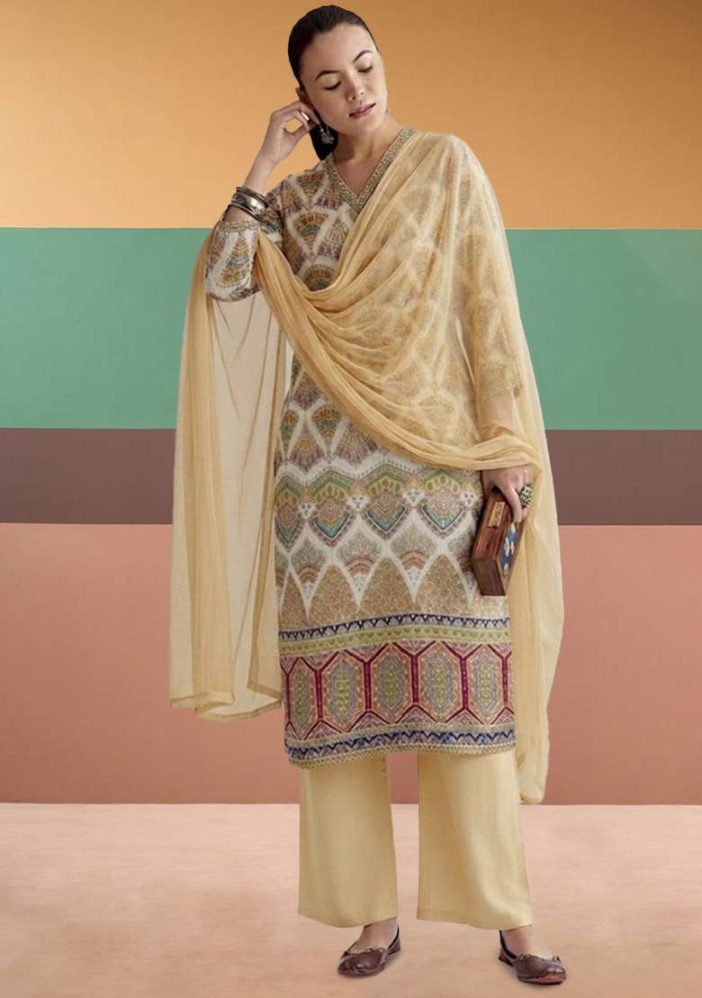 Cream Printed Crepe Kurta Set - Indya