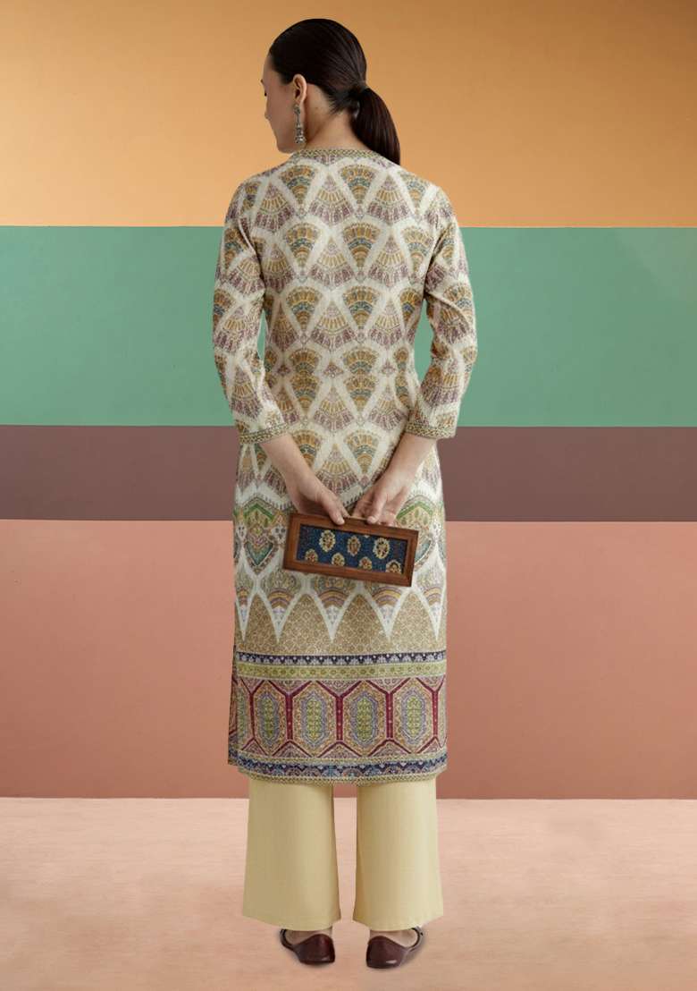 Cream Printed Crepe Kurta Set - Indya