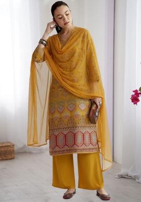 Mustard Printed Crepe Kurta Set