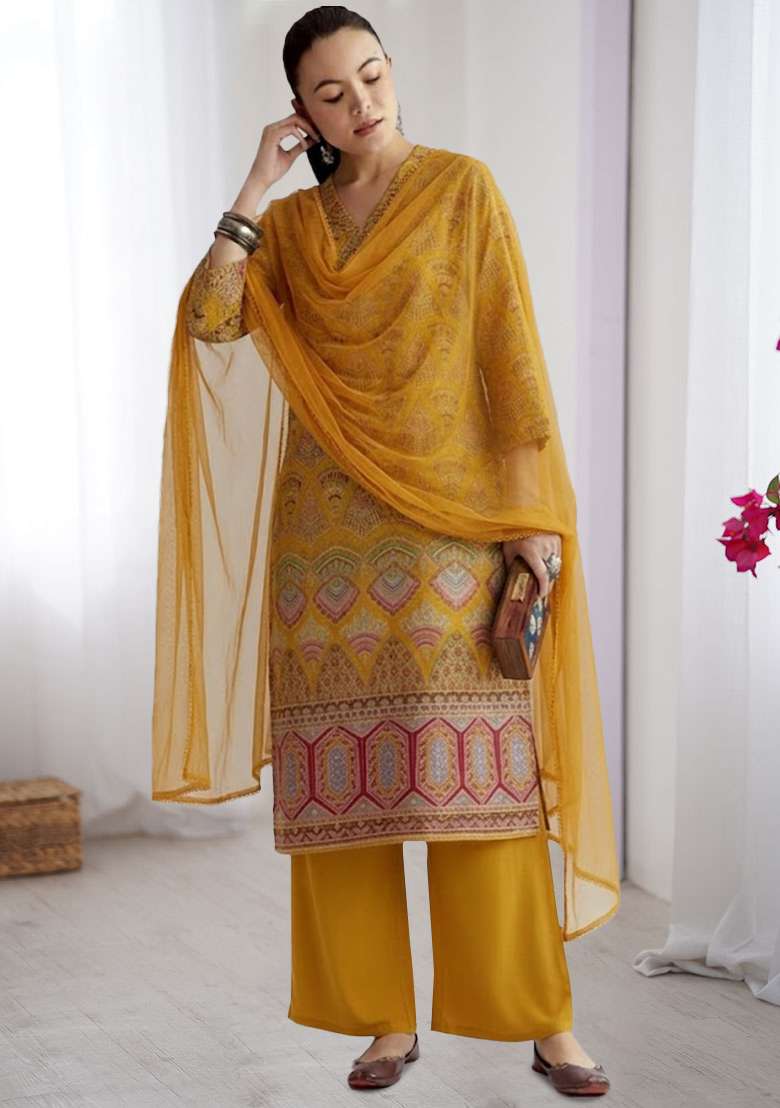 Mustard Printed Crepe Kurta Set - Indya