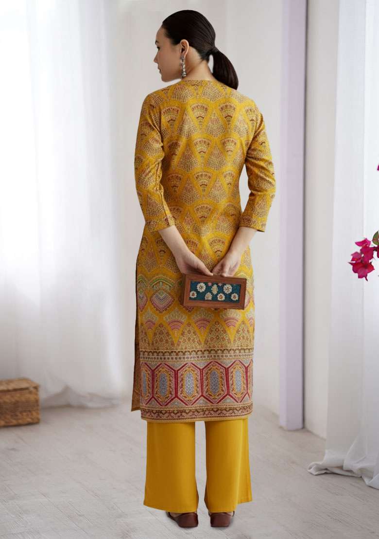 Mustard Printed Crepe Kurta Set - Indya