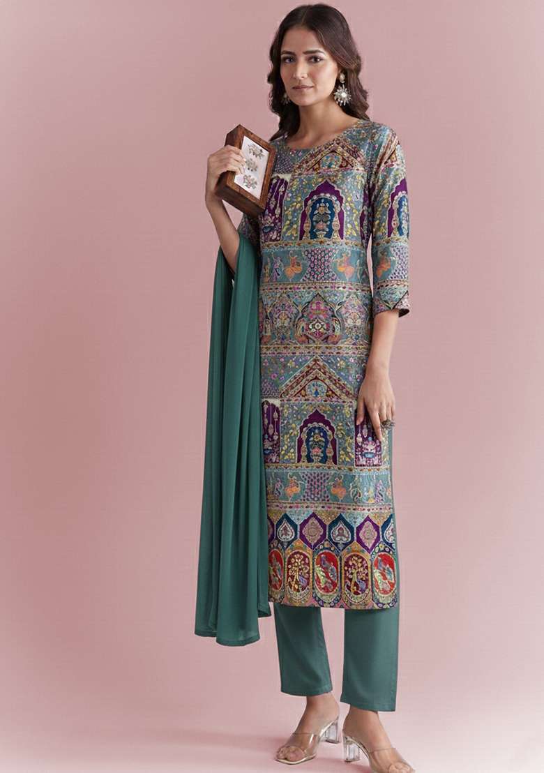 Teal Green Embroidered Crepe Kurta Set - Indya
