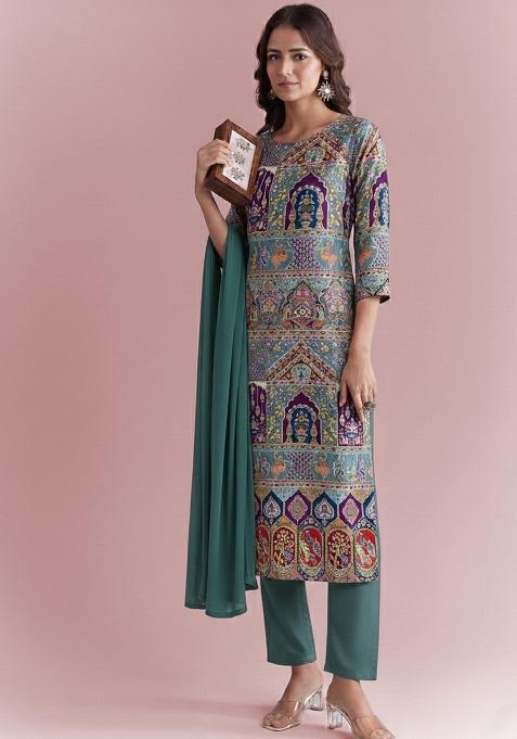 Teal Green Embroidered Crepe Kurta Set