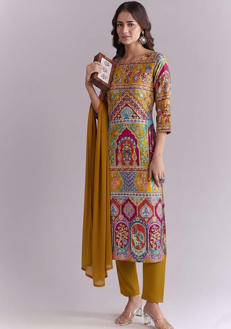 Olive Green Embroidered Crepe Kurta Set - Indya