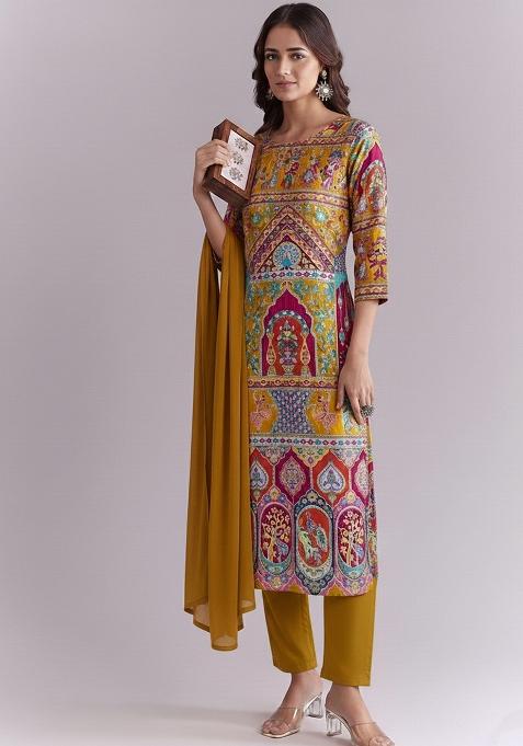 Olive Green Embroidered Crepe Kurta Set