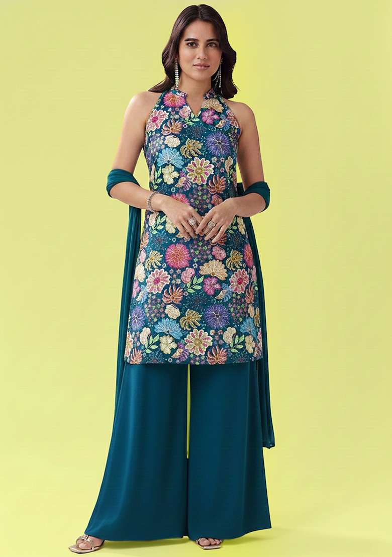 Teal Blue Printed Chinon Sharara Set - Indya