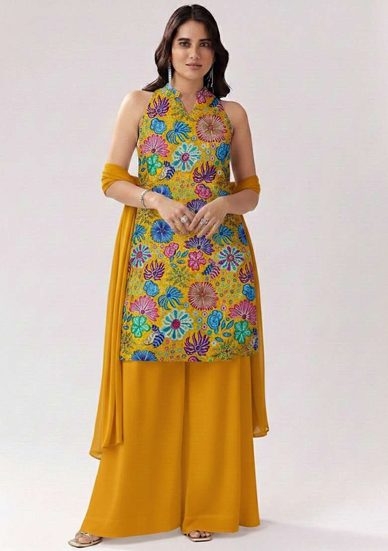 Mustard Printed Chinon Sharara Set - Indya