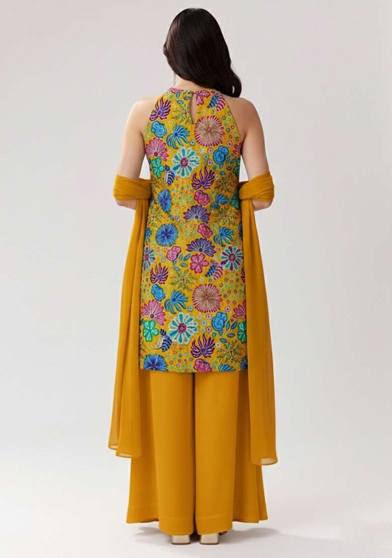 Mustard Printed Chinon Sharara Set - Indya