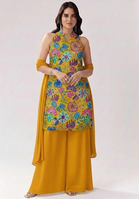 Mustard Printed Chinon Sharara Set