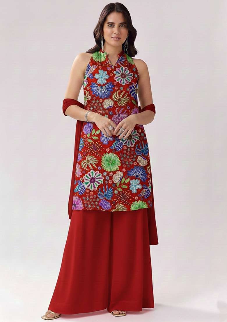 Red Printed Chinon Sharara Set - Indya