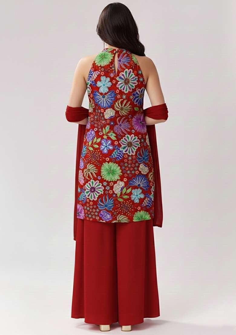 Red Printed Chinon Sharara Set - Indya
