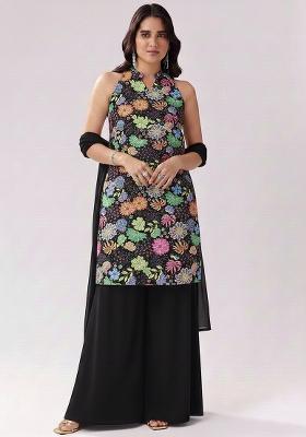 Black Printed Chinon Sharara Set