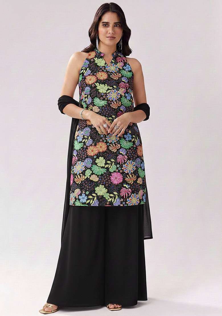 Black Printed Chinon Sharara Set - Indya
